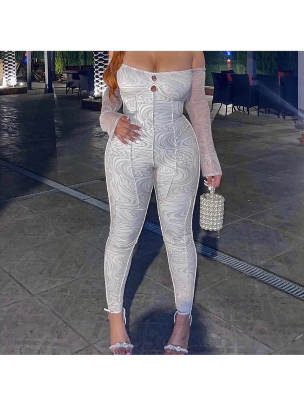 Off-Shoulder Cream Patterned Jumpsuit - Picture 7 of 8